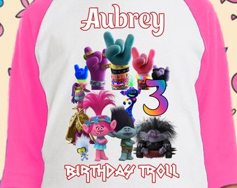 Camisa de cumpleaños de trolls inspirada, camisa a juego de troll familiar, camisa de cumpleaños de princesa amapola, raglán corto, 3/4, manga larga - Nombre y edad unisex