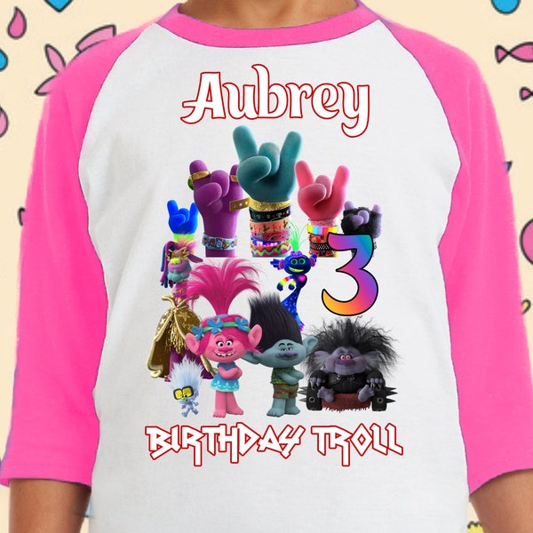 Inspired Trolls Birthday Shirt Family Troll Matching Shirt, Princess Poppy Birthday Shirt Raglan Short,3/4,long sleeve - Unisex name & age