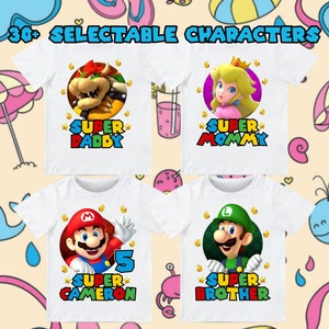 Mario-kinderen Alle personages Gepersonaliseerd familieshirt, aangepaste Mario-T-shirt verjaardag, uniseks verjaardagsshirts voor kinderen, cadeaus voor jongens en meisjes
