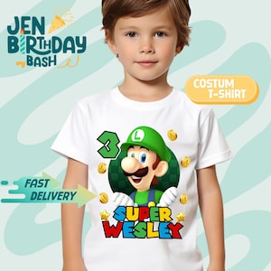 Luigi birthday boy shirt Family Personalized Shirt Birthday Custom Tshirt Unisex Kids Birthday  Boy Raglan Tee - mario theme super brother