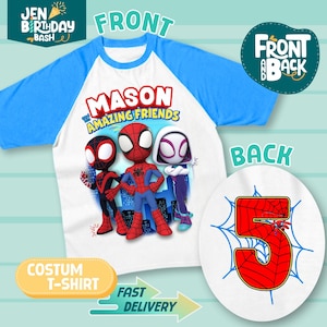 スパイダーマンの子供用誕生日シャツ、スパイダーマンと仲間たちの誕生日テーマ、素晴らしい友達パーティーシャツ、パーソナライズされたファミリーシャツ、男の子へのギフト