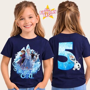 May include: Navy blue short-sleeve t-shirt featuring characters from the movie Frozen, with the text "BIRTHDAY GIRL" on the front. The back of the shirt displays a large number 5 with an Olaf graphic. The text "JEN BIRTHDAY BASH" is in a starburst.