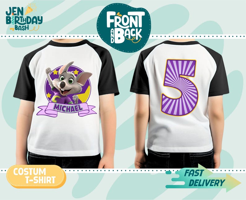 Może przedstawiać: Biała i czarna koszulka raglan z postacią z kresk&oacute;wki z przodu i dużą cyfrą 5 z tyłu. Z przodu znajduje się postać myszy z kresk&oacute;wki z imieniem "Michael". Idealna na urodziny.