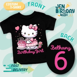 May include: Black t-shirt featuring a cartoon character with a pink bow, dress, and a birthday cake. The front of the shirt says "Birthday Girl". The back of the shirt has the name "Bethany" and the number "6".