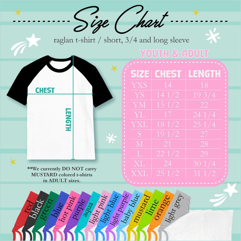 Może przedstawiać: Czarno-biała koszulka raglan z tabelą rozmiar&oacute;w dla młodzieży i dorosłych. Tabela zawiera wymiary klatki piersiowej i długości w cm. Dostępne kolory to czerwony, czarny, zielony, niebieski i inne.