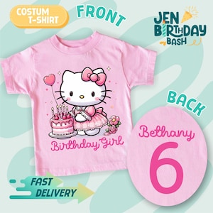 May include: Pink t-shirt featuring a cartoon cat character with a pink bow, holding a balloon and standing next to a birthday cake. The text "Birthday Girl" is below the character. The back of the shirt has the name "Bethany" and the number "6".