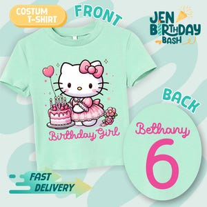 May include: A mint green t-shirt featuring a cartoon character with a pink bow, holding a heart-shaped balloon and standing next to a birthday cake. The text "Birthday Girl" is below the character. The back of the shirt has the name "Bethany" and the number "6".