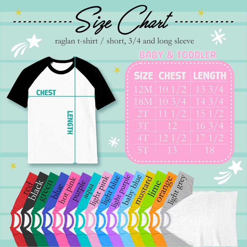 Może przedstawiać: Biała koszulka raglan z czarnymi rękawami, wyświetlana z tabelą rozmiar&oacute;w dla niemowląt i małych dzieci. Tabela zawiera wymiary klatki piersiowej i długości w calach dla rozmiar&oacute;w od 12M do 5T. Poniżej pokazano paletę kolor&oacute;w dostępnych koszulek.