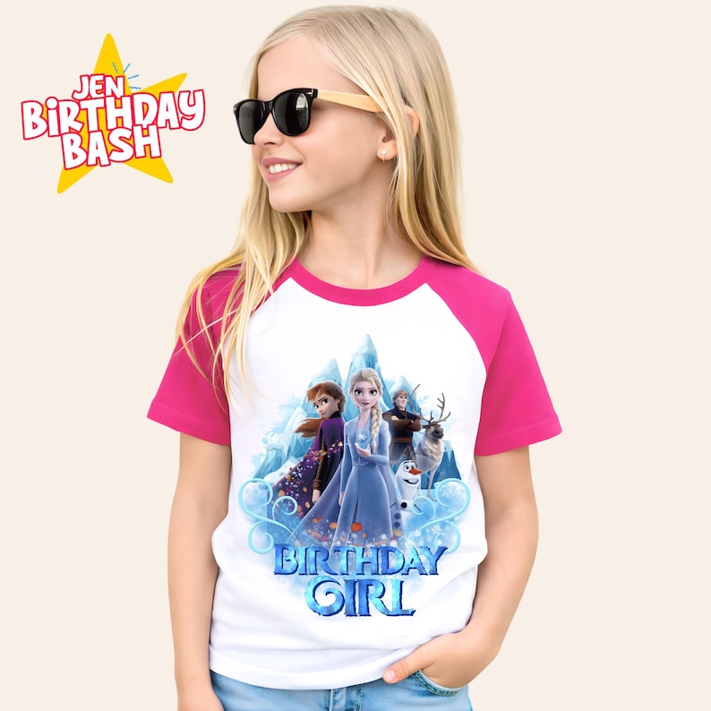 May include: White and pink raglan-sleeve t-shirt featuring a colorful graphic of characters from the movie Frozen. The shirt has the text "Birthday Girl" in blue. The text "Jen Birthday Bash" is in a yellow starburst.
