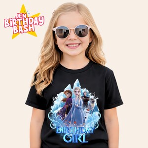 May include: A young girl wearing a black t-shirt with a graphic of characters from the movie Frozen. The shirt has the words "Birthday Girl" in blue. The girl is wearing sunglasses and smiling. The text "Jen Birthday Bash" is in the upper left corner.