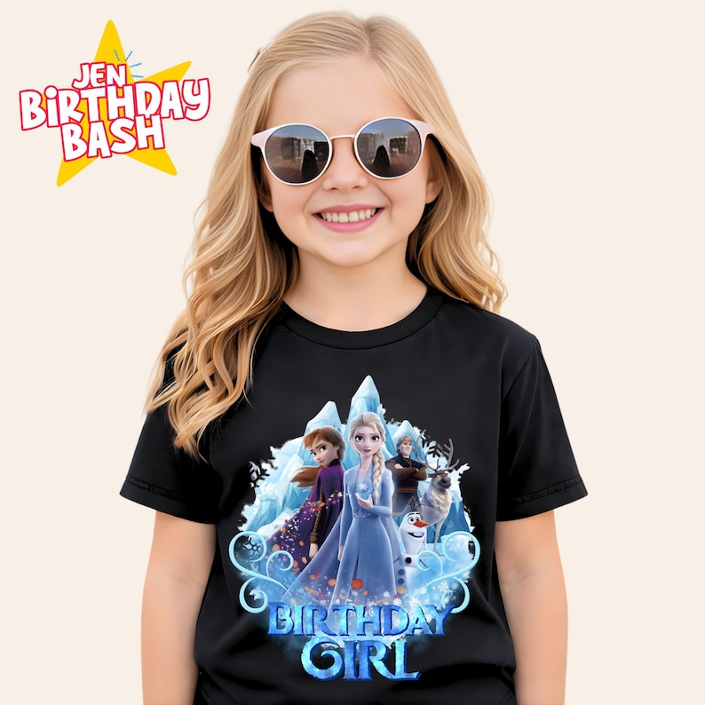 May include: A young girl wearing a black t-shirt with a graphic of characters from the movie Frozen. The shirt has the words "Birthday Girl" in blue. The girl is wearing sunglasses and smiling. The text "Jen Birthday Bash" is in the upper left corner.