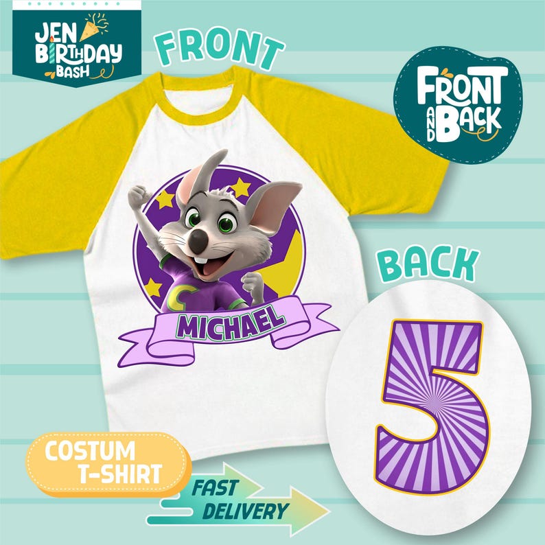 Może przedstawiać: Biała i ż&oacute;łta koszulka raglan z grafiką myszy z kresk&oacute;wki. Grafika zawiera imię "MICHAEL" na banerze. Tył koszulki przedstawia liczbę 5 w fioletowo-białe paski. Koszulka jest oznaczona jako "COSTUM T-SHIRT".