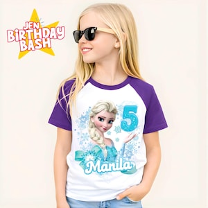 May include: White and purple raglan t-shirt featuring a cartoon image of Elsa from Frozen, the number 5, and the name "Manila". The shirt also has the text "Jen Birthday Bash" in a star-shaped design.
