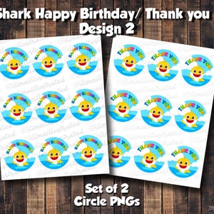 Shark Happy Birthday & Thank you printable Circle Labels Design 2