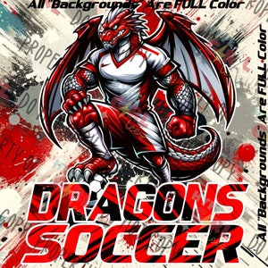 Dragons Soccer Mascot PNG Digital File Red & White Version. OTHER Colors available! See our store or contact us for YOUR team colors!