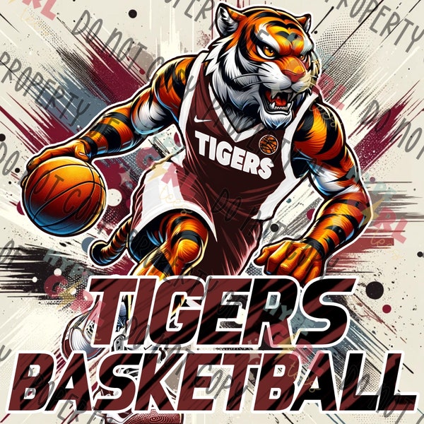 Tigers Basketball Mascot PNG, Maroon & White Variation. Other Colors Available! See our Store for additional color variations or contact us