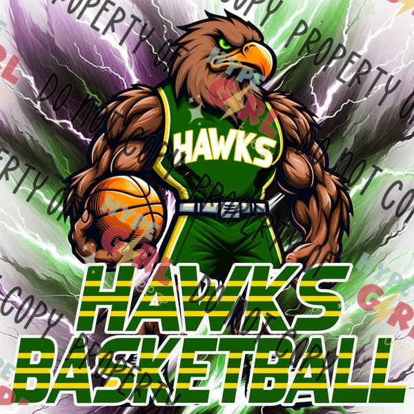 Hawks basketball Mascot Digital File Green & Gold Variation. Other Colors Available!  Eagles logo. Customize for your team or school.