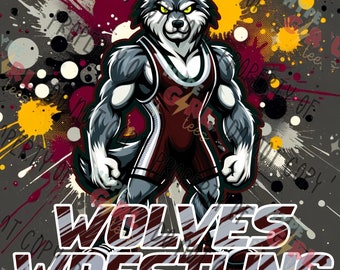 Wolves Wrestling Mascot PNG, Digital File. Wolf Logo. Maroon & Silver variation. Other Color Available for Instant Download! See our store