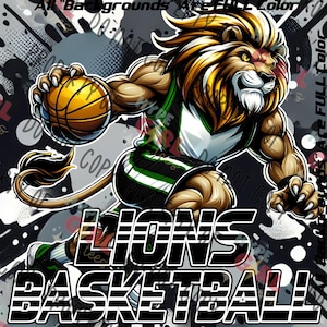 Lions Basketball Mascot PNG, Digital File. Lion Logo. Black, white, green variation. Other Color Available for Instant Download! See our