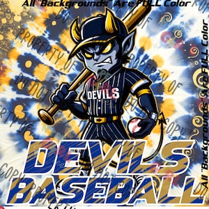 May include: A cartoon illustration of a blue and gold baseball player with horns and a tail. The player is holding a baseball bat and a baseball. The text "DEVILS BASEBALL" is written in blue and gold letters.