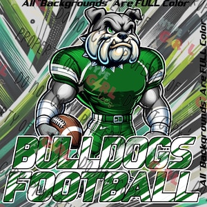 Fichier numérique PNG de football de bouledogues. Variante vert et blanc. Autres couleurs disponibles en téléchargement immédiat ! Ou contactez-nous pour les couleurs de VOS équipes