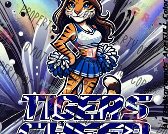 Diseño de porristas de los Tigers, archivo digital PNG. Variante azul y blanca. ¡Disponibles en otros colores! Visita nuestra tienda o contáctanos para los colores de tu equipo.