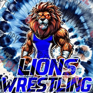 Lions Wrestling Mascot Digital File PNG. Blue & White Version. Other Colors Available! Contact us to discuss a color change for your Colors