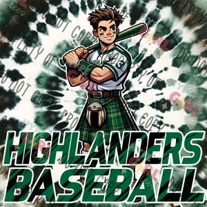 May include: A cartoon illustration of a baseball player wearing a white jersey with the word "HIGHLAND" on it, a green kilt, and a black baseball cap. The player is holding a baseball bat and is in a batting stance. The text "HIGHLANDERS BASEBALL" is in large, bold letters below the player.