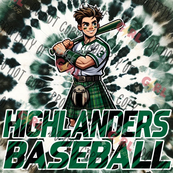 Highlanders Baseball Design PNG Digital File. Green & White Variation. Contact us to customize this design in YOUR teams Colors!