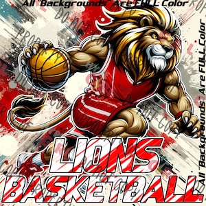 Lions Basketball design PNG, Digital File. Red & White variation. Other Color Available, see our store or contact us for YOUR team colors
