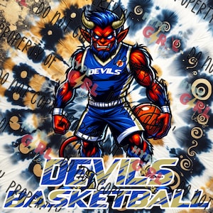 May include: A red and blue cartoon devil holding a basketball with the text "Devils Basketball" in gold and blue lettering on a tie-dye background.
