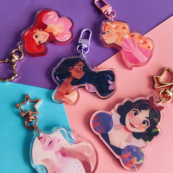 Acrylic princess keychain with holographic effect (broken glasses) - Ariel, Elsa, Rapunzel, Pocahontas, Snow White