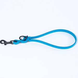 May include: A blue rubber dog lead with a black metal clip.