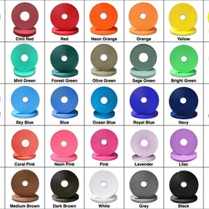 May include: A color chart featuring a variety of spools in different colors, including burgundy, red, orange, yellow, green, blue, pink, brown, gray, black, and purple. Each spool is labeled with its corresponding color name.