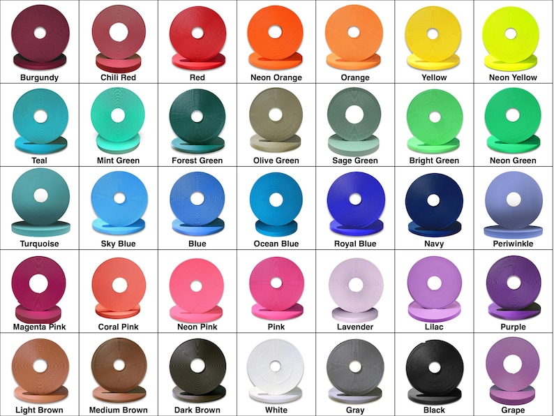May include: A color chart featuring a variety of spools in different colors, including burgundy, red, orange, yellow, green, blue, pink, brown, gray, black, and purple. Each spool is labeled with its corresponding color name.