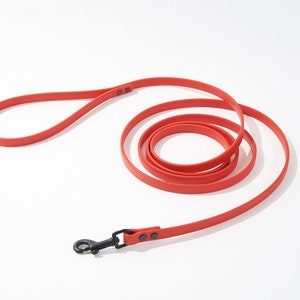 Op de afbeelding: Een felrode hondenriem met een zwarte metalen clip. De riem is opgerold en klaar voor gebruik.