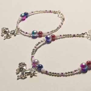 Mermaid or Unicorn Silver beaded ANKLET/BRACELET/NECKLACE with coloured beads and metallic purple accents