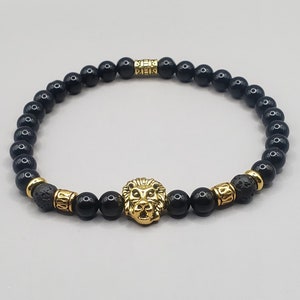 Black Tourmaline & Lava Stone Men bracelet (gold) | Black Tourmaline Bracelet| Lion Bracelet | Bracelet For Men | Lion | Men Bracelets