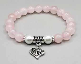 Rose Quartz Pearl  Bracelet | Rose Quartz Bracelet | Heart Charm | Pink Bracelet |  Rose Quartz | Charm Bracelet | Love Bracelet