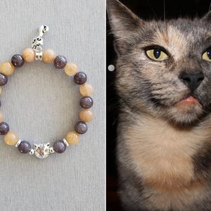 May include: A brown and gray beaded bracelet with a silver cat charm. The beads are round and have a matte finish. The charm is a small, detailed cat head.