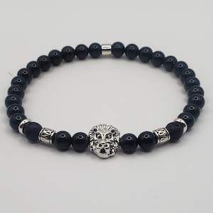Black Tourmaline & Lava stone Men bracelet (silver) | Lion Bracelet | Men Bracelet | Black Tourmaline Bracelet | Gemstone Bracelet | Lion