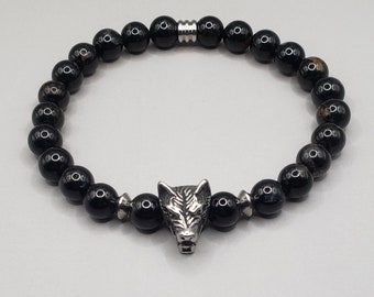 Black Tourmaline Men Bracelet | Wolf Bracelet | Men Bracelet | Wolf Bracelets | Animal Bracelets | Gemstone Bracelet | Wolf