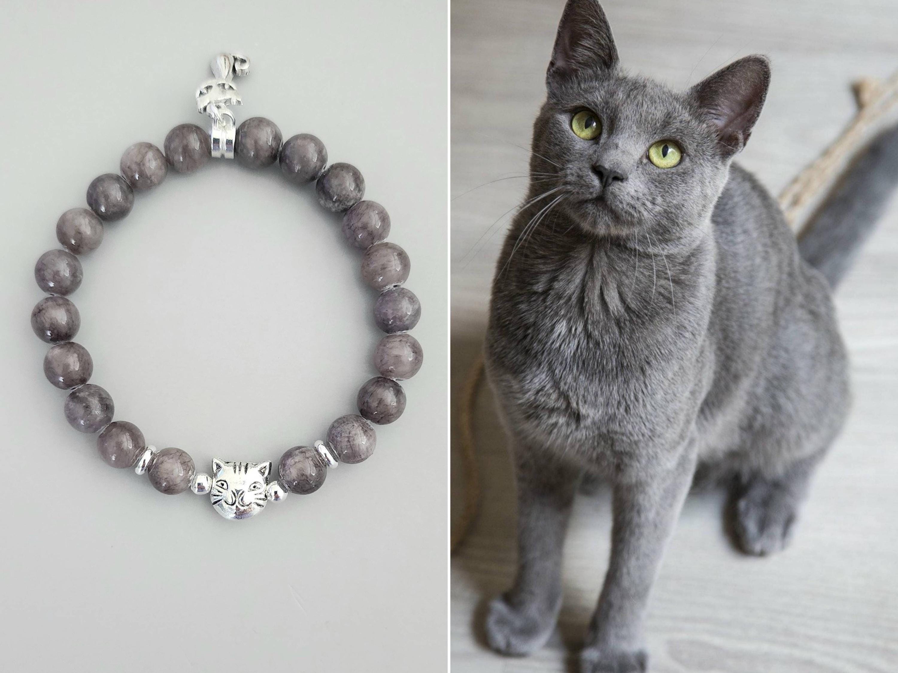グレーの猫のブレスレット | 猫のブレスレット | 猫好きへのギフト 