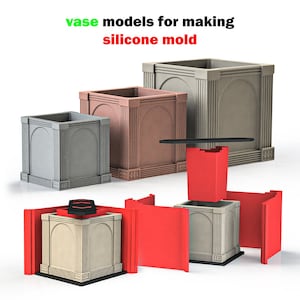 May include: Four different sized vase models for making silicone moulds. The vases are all square with a decorative trim around the top. The largest vase is grey, the next largest is brown, the next is grey, and the smallest is beige. The smallest vase is inside a red silicone mould.