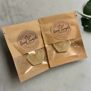 May include: Two brown paper sample pouches with clear windows, each containing a hexagonal wax melt. The pouches have circular labels that read "Scent Sample" and "Harvest Spice" or "Spiced Citrus".