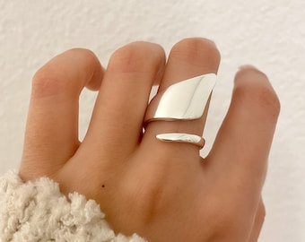 925 Sterling Silber Ring, Silber Wickelring, klobiger Ring, minimalistischer Ring, trendiger Ring, verstellbarer Ring, abstrakter geometrischer Ring, breiter Ring