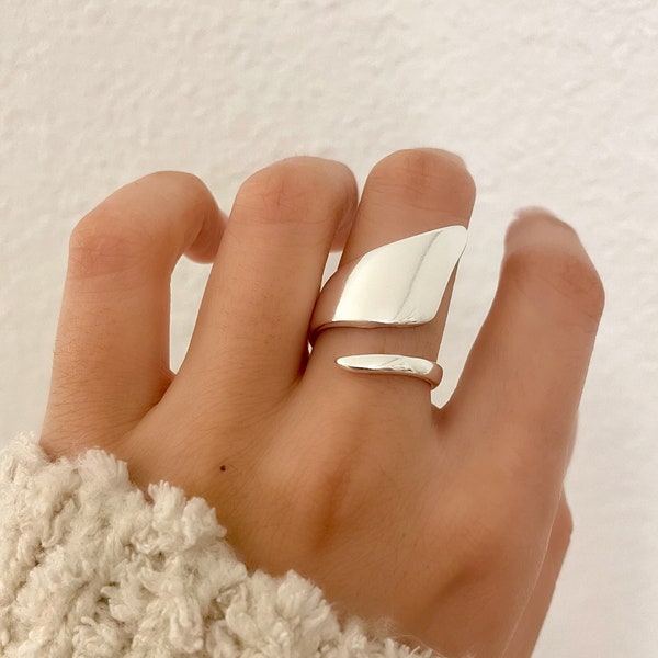 925 Sterling zilveren ring, zilveren wrap ring, dikke ring, minimalistische ring, trendy ring, verstelbare ring, abstracte geometrische ring, brede ring