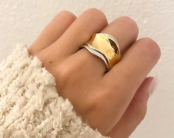 925 Sterling Silver Chunky Ring, Two Tone Ring, Gold & Silver Ring, Bold Large Thick Statement Ring