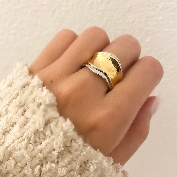 925 Sterling Silver Chunky Ring, Two Tone Ring, Gold & Silver Ring, Bold Large Thick Statement Ring