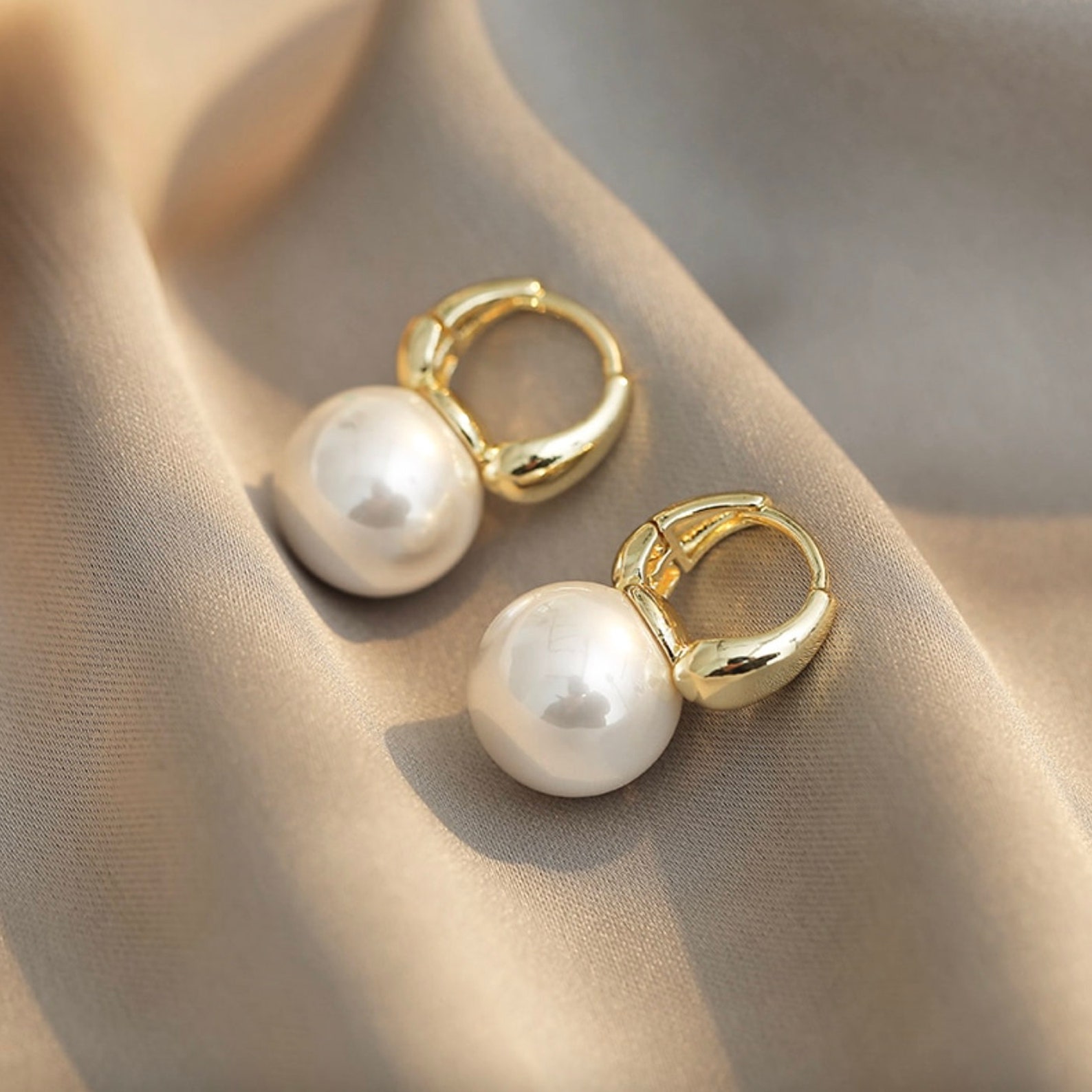 Gold Statement Pearl Earrings Gold Pearl Huggies Large Pearl Etsy